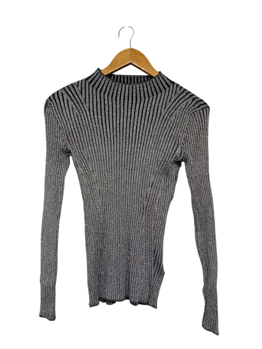 WITCHERY |XS | BUST 14 | A73 |  BLACK AND SILVER METALLIC RIBBED LONG-SLEEVE TOP