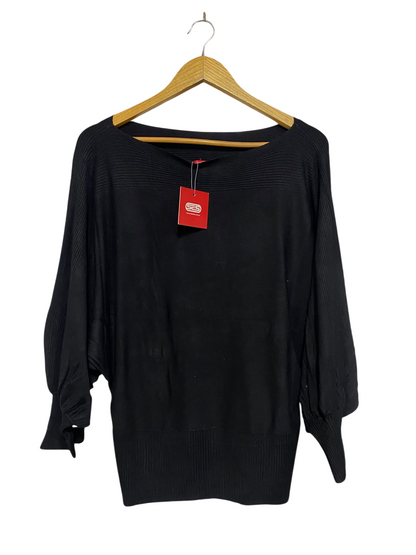 SES |L | BUST FREE | A73 |  BLACK BOAT-NECK DOLMAN-SLEEVE RIBBED KNIT SWEATER TOP