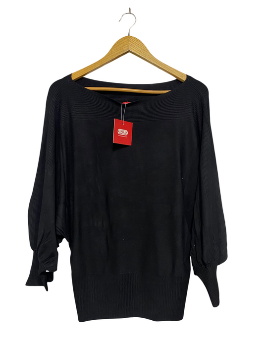 SES |L | BUST FREE | A73 |  BLACK BOAT-NECK DOLMAN-SLEEVE RIBBED KNIT SWEATER TOP