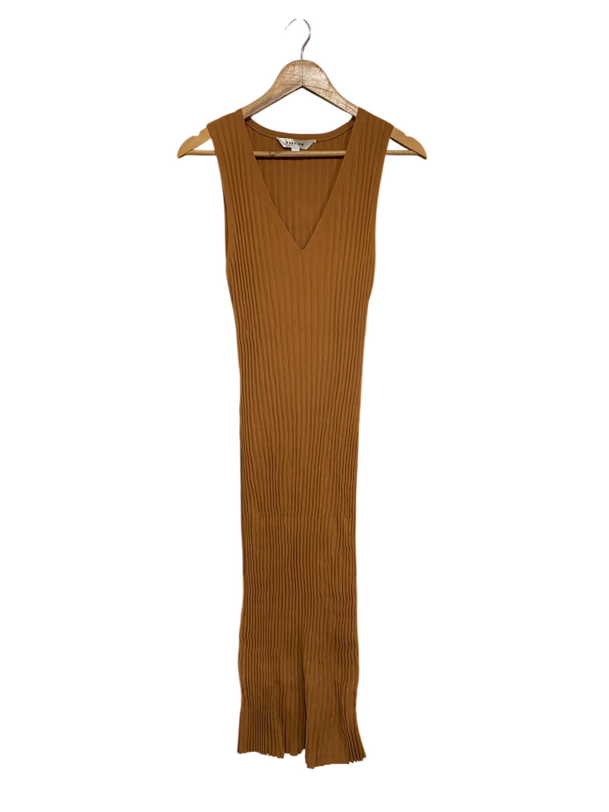 PREVIEW |L | BUST 12 | A73 |  MUSTARD BROWN RIBBED V-NECK SLEEVELESS MIDI DRESS