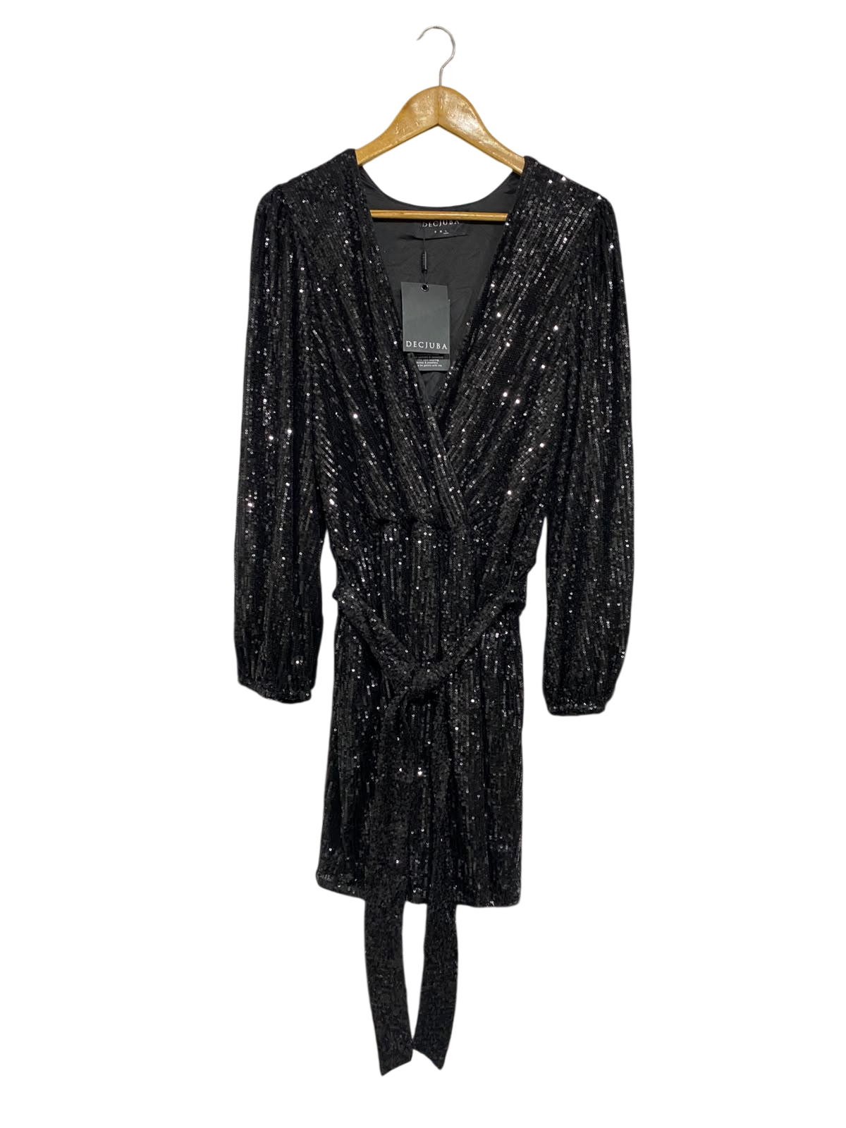 DECJUBA |L | BUST 18 | A73 |  BLACK SEQUIN SPARKLY WRAP BELTED PARTY DRESS