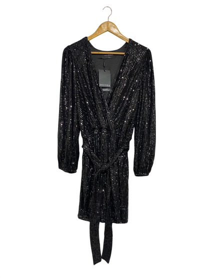 DECJUBA |L | BUST 18 | A73 |  BLACK SEQUIN SPARKLY WRAP BELTED PARTY DRESS