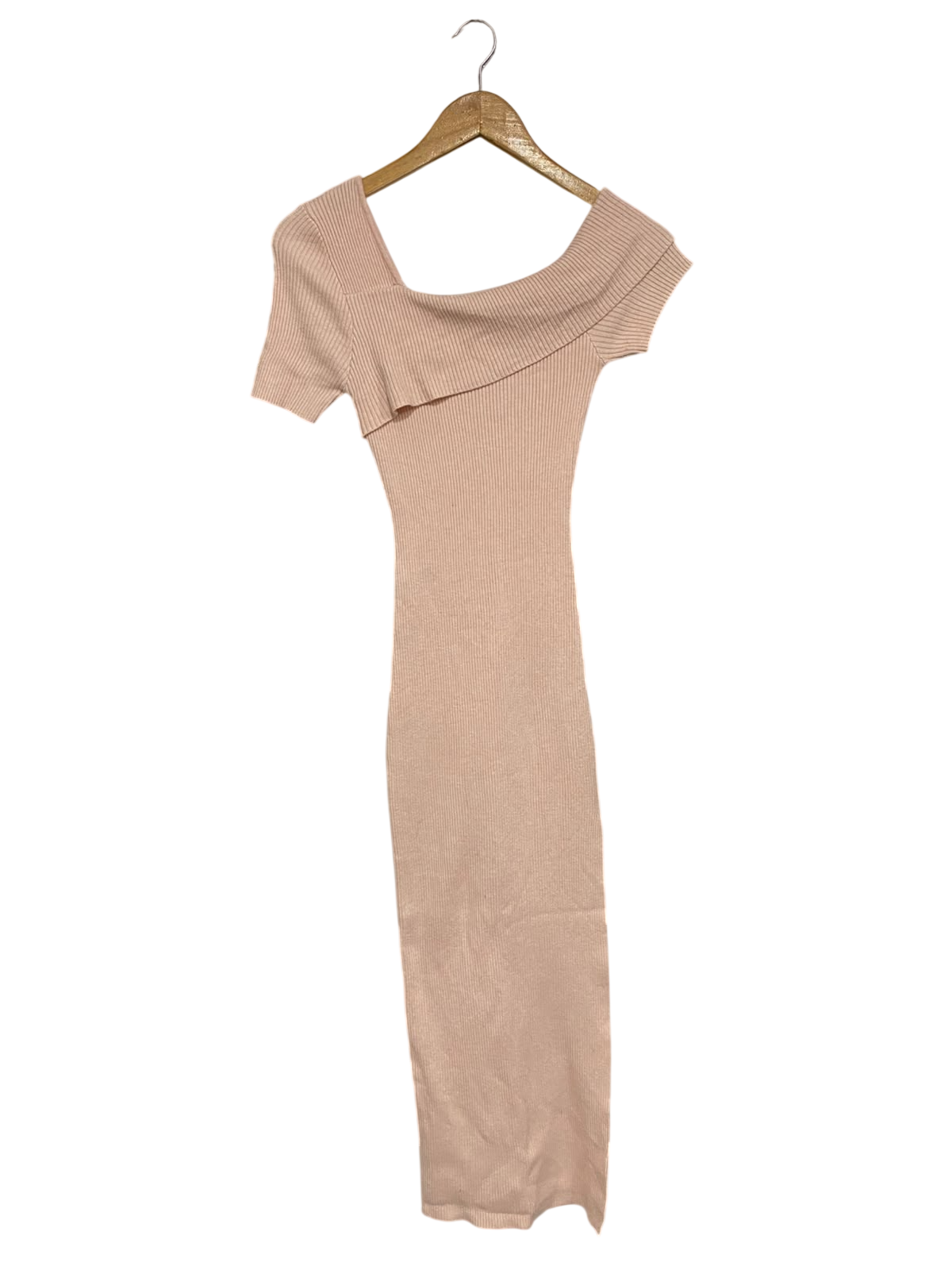 WINNIE & CO |XS/S | BUST 11 | A73 |  BLUSH PINK ASYMMETRIC NECKLINE RIBBED KNIT MIDI DRESS