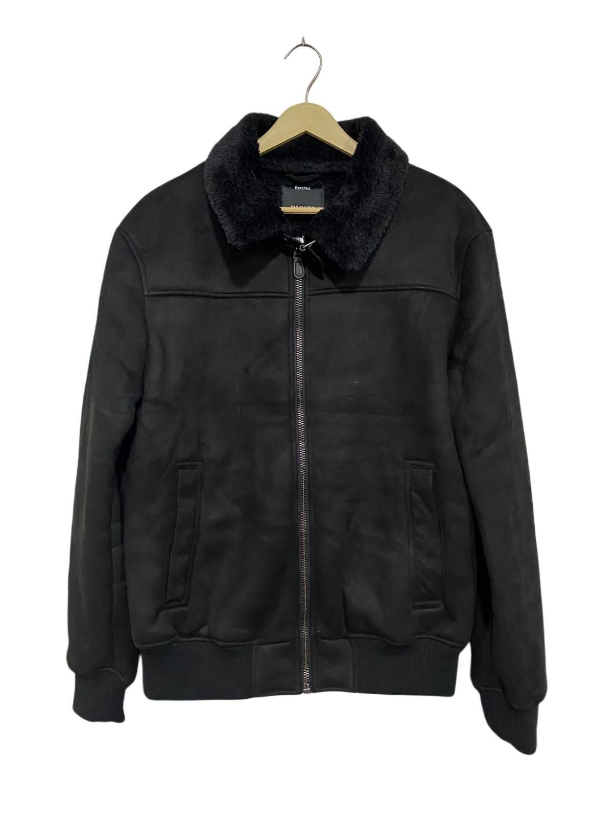 BERSHKA |M | BUST 23 | A73 |  BLACK FAUX SUEDE SHEARLING FUR COLLAR BOMBER JACKET