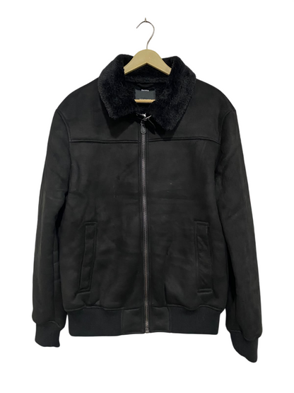 BERSHKA |M | BUST 23 | A73 |  BLACK FAUX SUEDE SHEARLING FUR COLLAR BOMBER JACKET