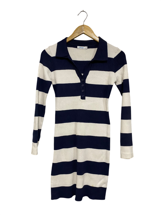 VALLEYGIRL |L | BUST 15 | A73 |  NAVY AND WHITE STRIPED RIBBED POLO LONG-SLEEVE DRESS