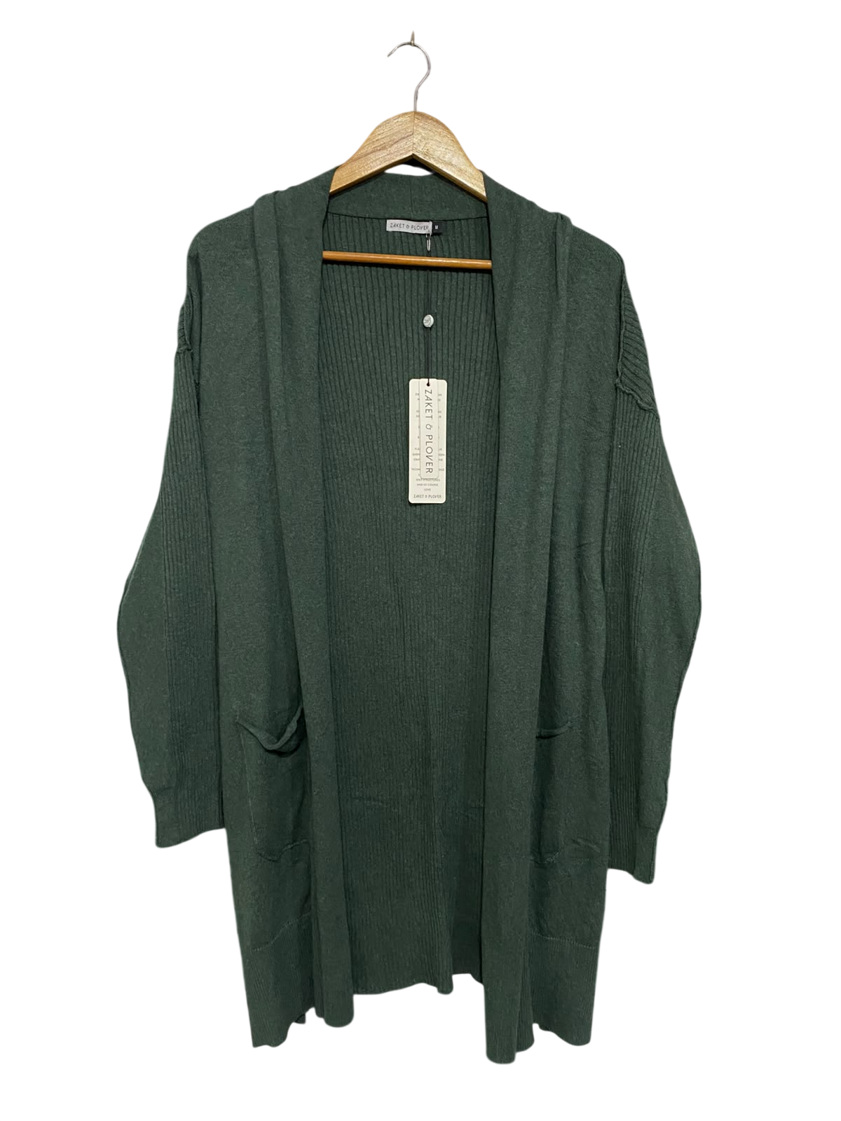 ZAKET & PLOVER |M | BUST 21 | A73 |  DARK GREEN RIBBED OPEN-FRONT LONG CARDIGAN