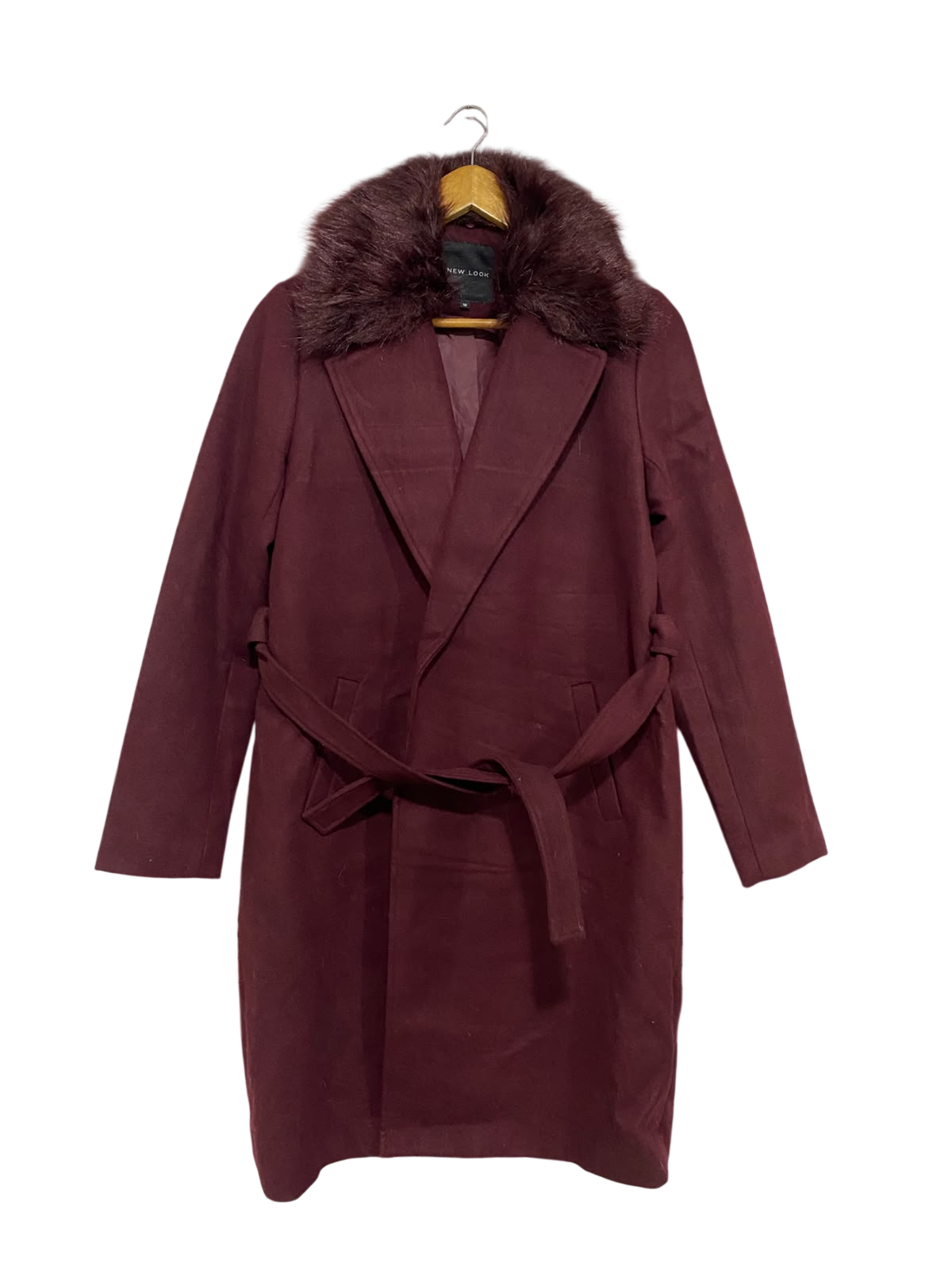 NEW LOOK |M | BUST 20 | A73 |  BURGUNDY FAUX FUR COLLAR BELTED WINTER COAT
