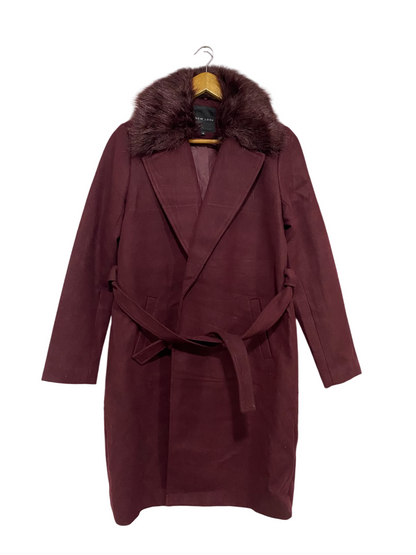 NEW LOOK |M | BUST 20 | A73 |  BURGUNDY FAUX FUR COLLAR BELTED WINTER COAT