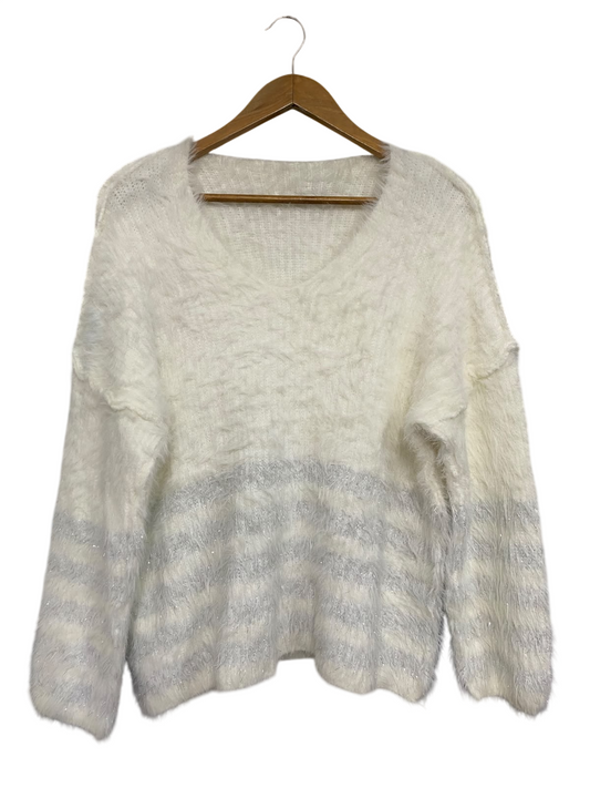 |M | BUST 21  | A73 | WHITE AND SILVER STRIPED FLUFFY V-NECK KNIT SWEATER