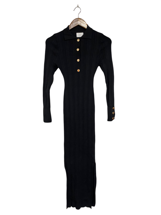 SHEIKE |XS | BUST 12  | A73 |  BLACK RIBBED POLO COLLAR BUTTON-UP LONG-SLEEVE MIDI DRESS