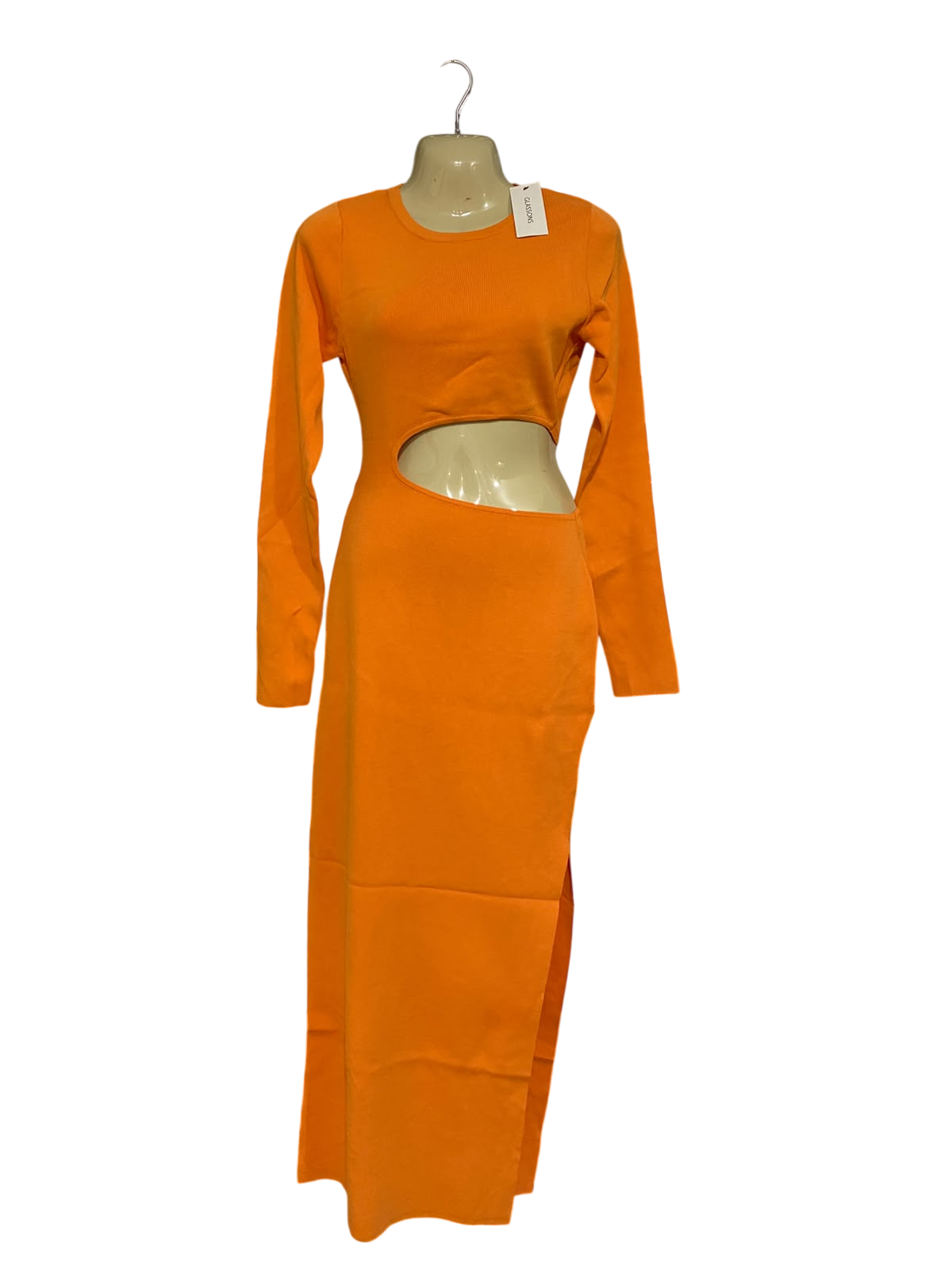 GLASSONS |L | BUST 15 | A73 |  ORANGE CUT-OUT WAIST LONG-SLEEVE MIDI DRESS