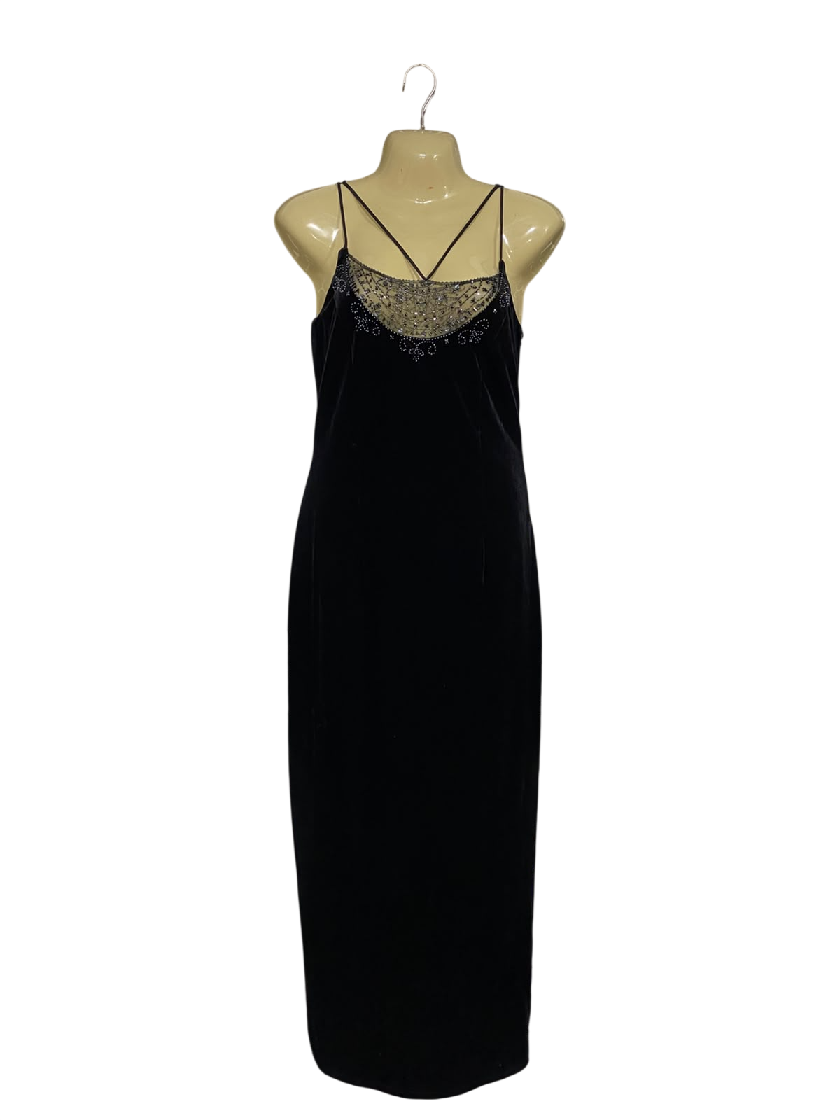 |M | BUST 16 | A73 | BLACK EMBELLISHED BEADED NECKLINE VELVET SLIP DRESS