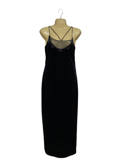 |M | BUST 16 | A73 | BLACK EMBELLISHED BEADED NECKLINE VELVET SLIP DRESS