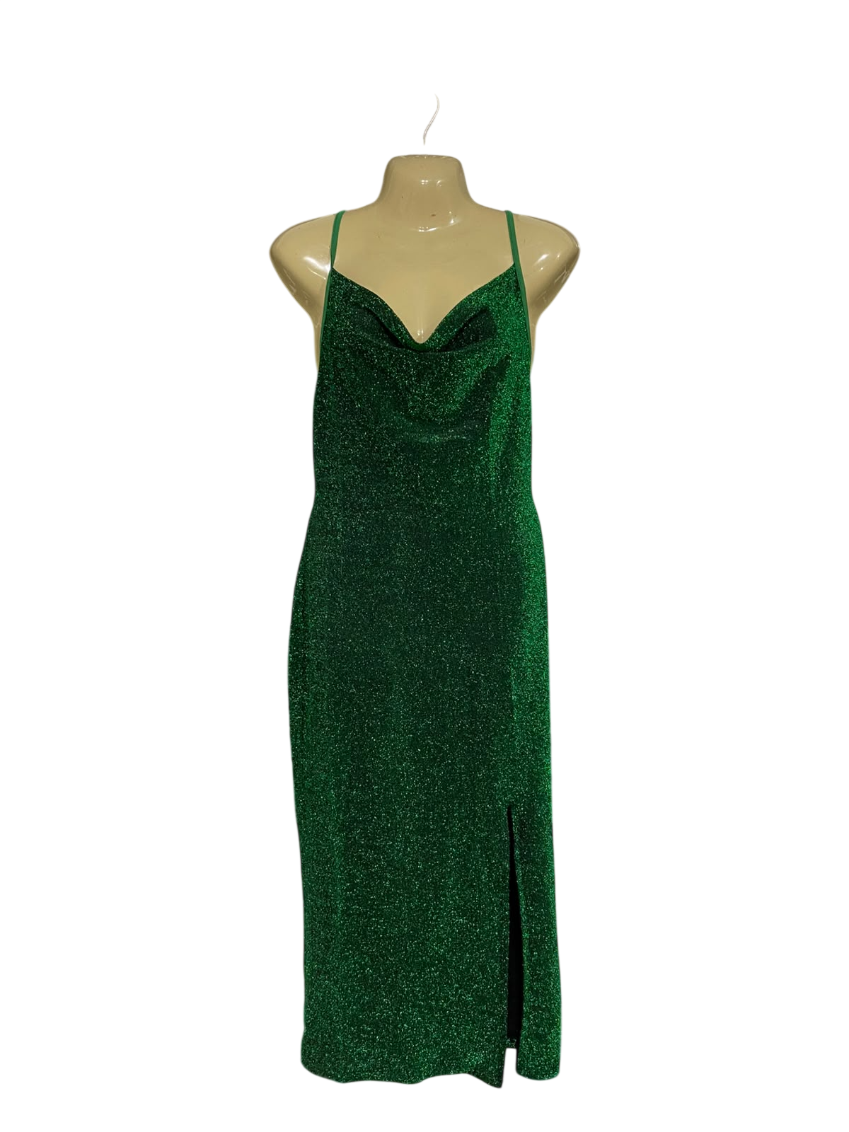 |L | BUST 15  | A73 | EMERALD GREEN METALLIC SHIMMER COWL NECK SLIP DRESS