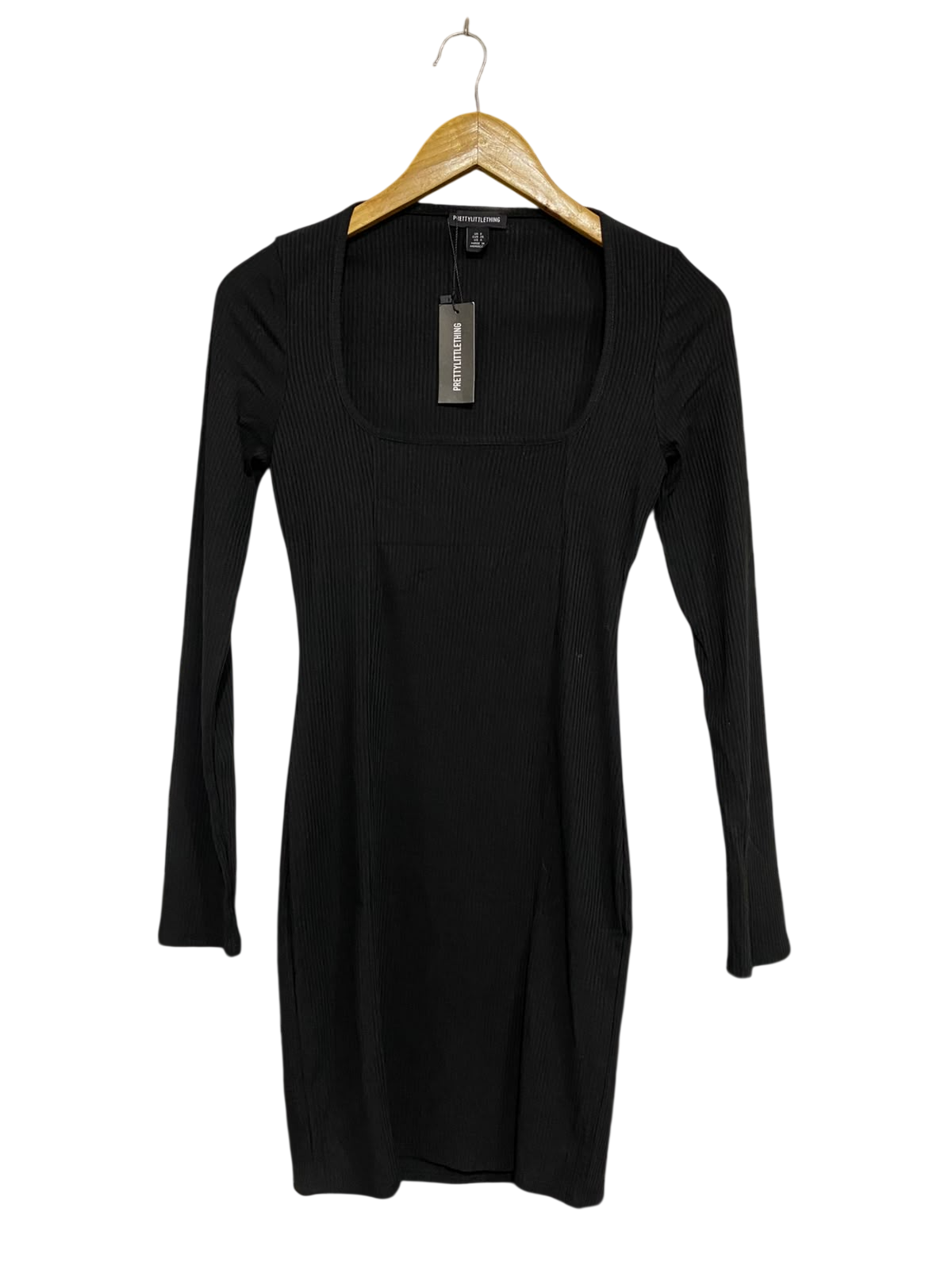 PRETTYLITTLETHING |S | BUST 15 | A73 |  BLACK SQUARE-NECK RIBBED LONG-SLEEVE BODYCON DRESS