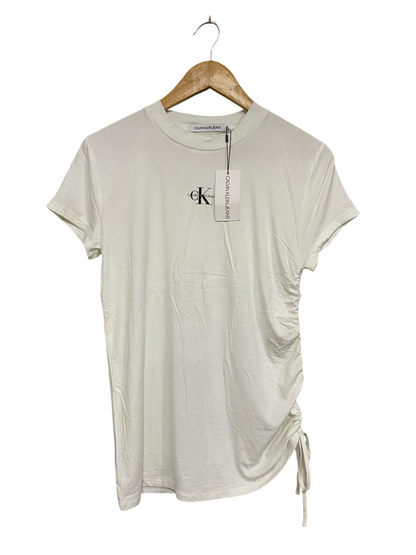 CALVIN KLEIN JEANS |XL | BUST 17 | A73 | WHITE RIBBED SIDE-RUFFLE SHORT-SLEEVE TOP