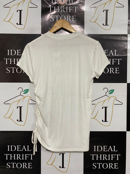 CALVIN KLEIN JEANS |XL | BUST 17 | A73 | WHITE RIBBED SIDE-RUFFLE SHORT-SLEEVE TOP