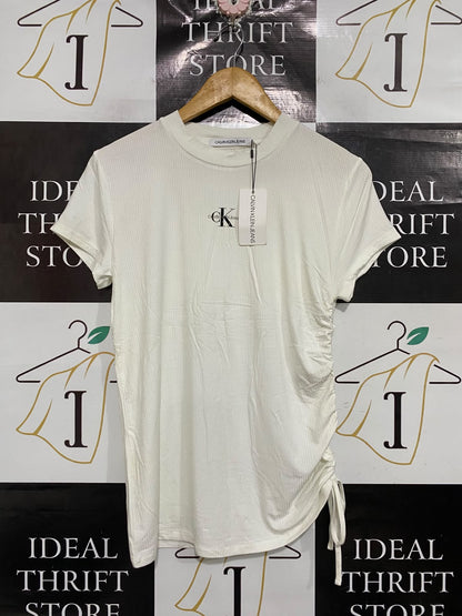 CALVIN KLEIN JEANS |XL | BUST 17 | A73 | WHITE RIBBED SIDE-RUFFLE SHORT-SLEEVE TOP