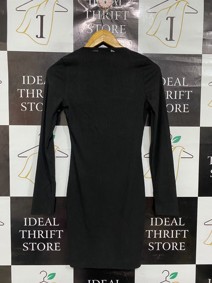 PRETTYLITTLETHING |S | BUST 15 | A73 |  BLACK SQUARE-NECK RIBBED LONG-SLEEVE BODYCON DRESS