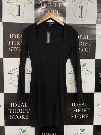 PRETTYLITTLETHING |S | BUST 15 | A73 |  BLACK SQUARE-NECK RIBBED LONG-SLEEVE BODYCON DRESS