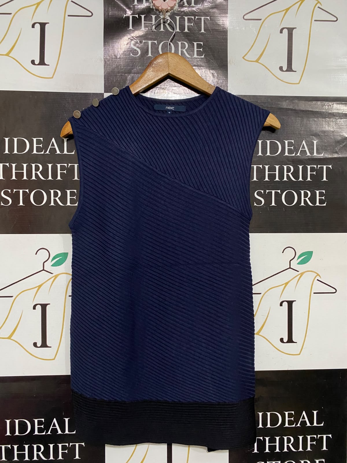 NEXT |S | BUST 15  | A73 |  NAVY BLUE RIBBED SHOULDER-BUTTON SLEEVELESS TOP