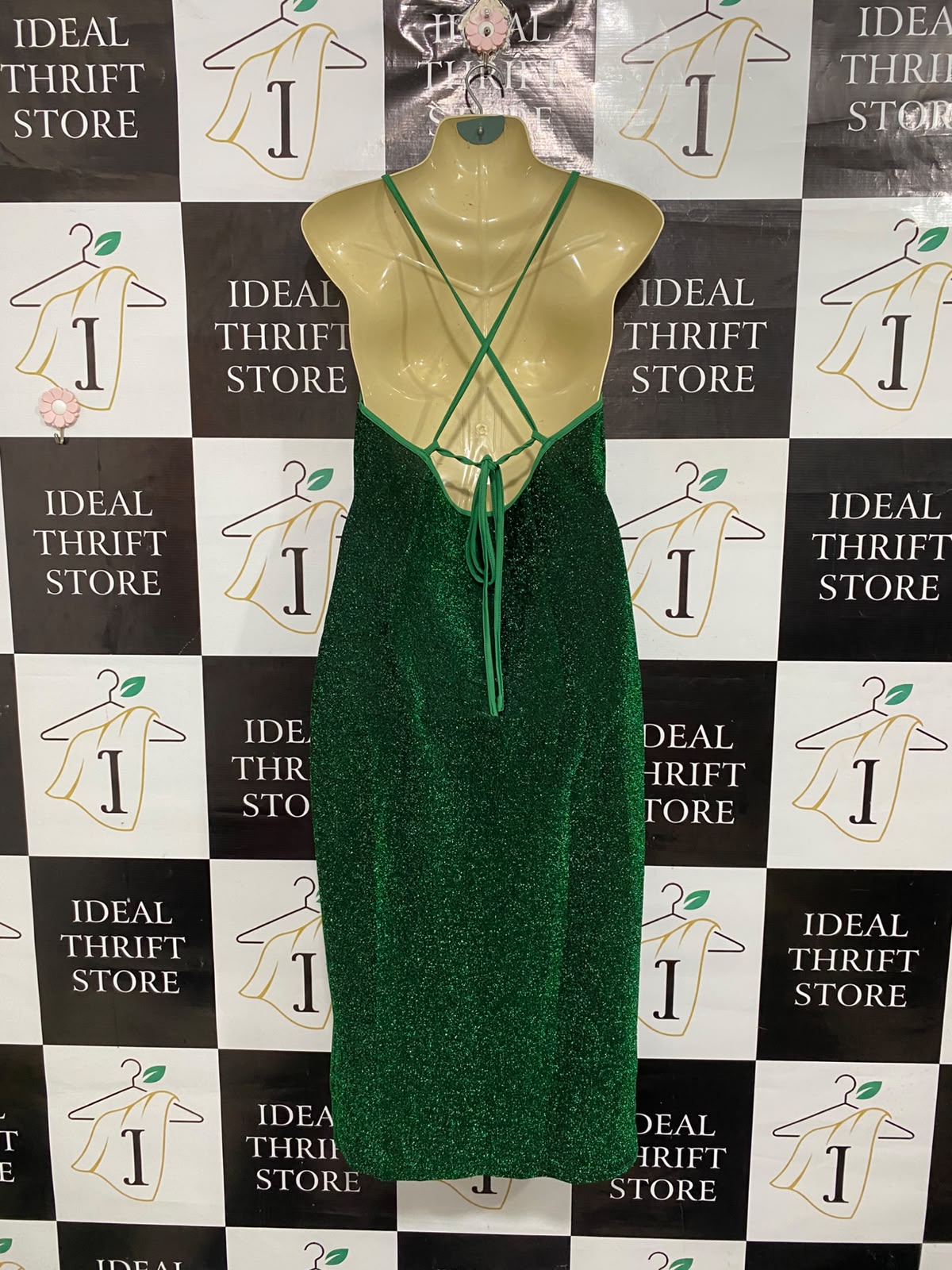 |L | BUST 15  | A73 | EMERALD GREEN METALLIC SHIMMER COWL NECK SLIP DRESS