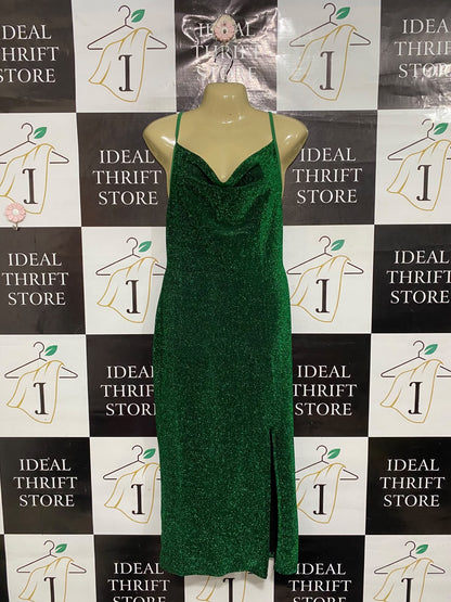 |L | BUST 15  | A73 | EMERALD GREEN METALLIC SHIMMER COWL NECK SLIP DRESS