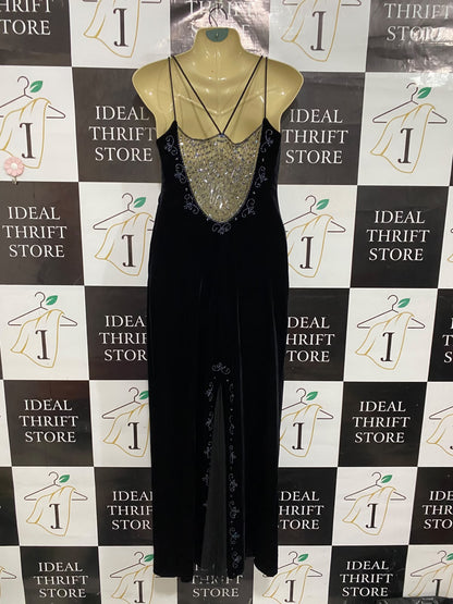 |M | BUST 16 | A73 | BLACK EMBELLISHED BEADED NECKLINE VELVET SLIP DRESS