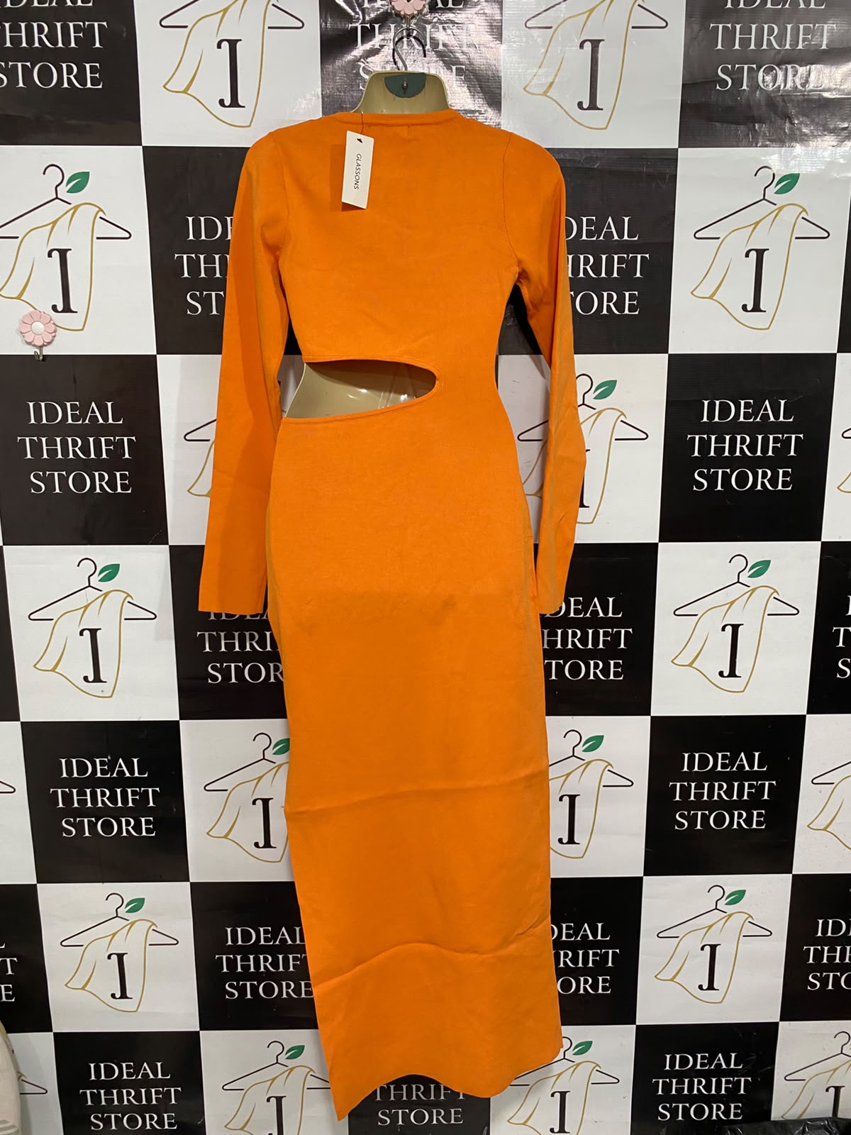 GLASSONS |L | BUST 15 | A73 |  ORANGE CUT-OUT WAIST LONG-SLEEVE MIDI DRESS