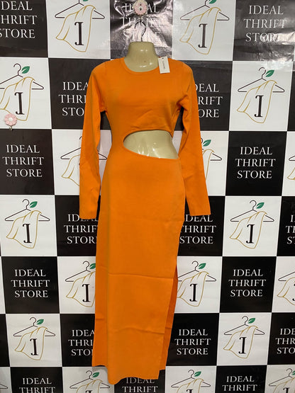 GLASSONS |L | BUST 15 | A73 |  ORANGE CUT-OUT WAIST LONG-SLEEVE MIDI DRESS
