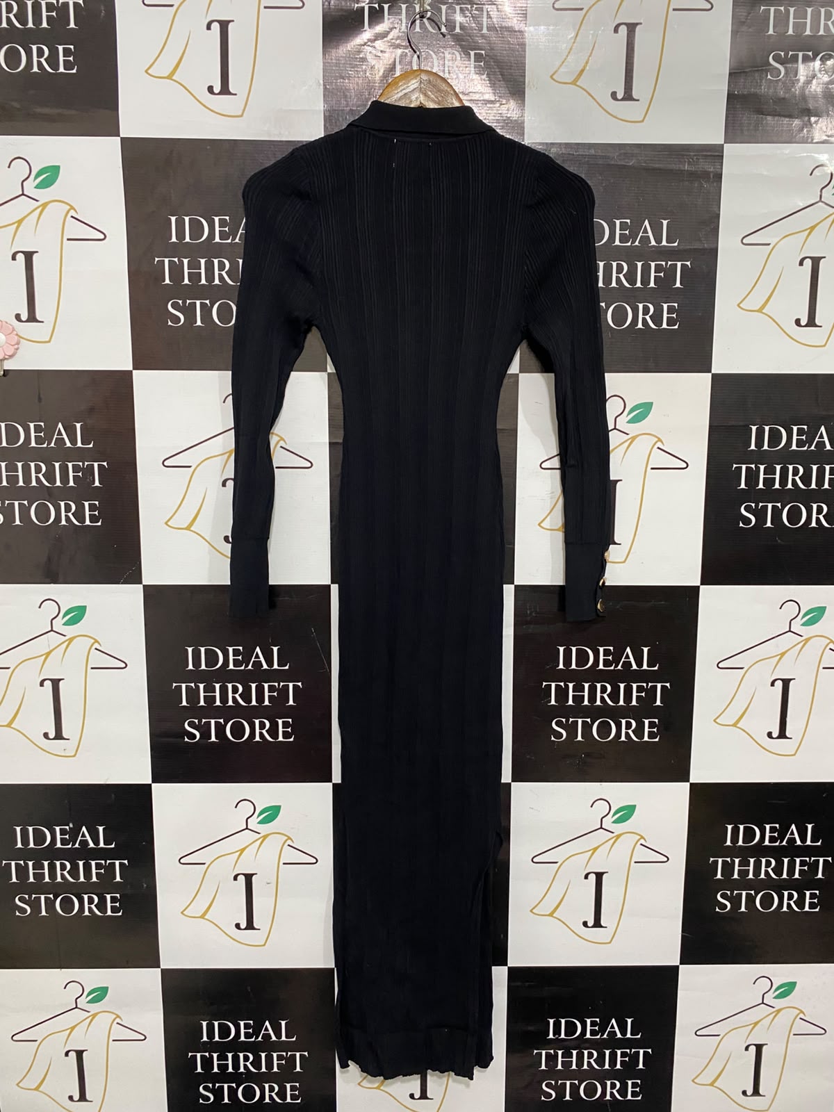 SHEIKE |XS | BUST 12  | A73 |  BLACK RIBBED POLO COLLAR BUTTON-UP LONG-SLEEVE MIDI DRESS
