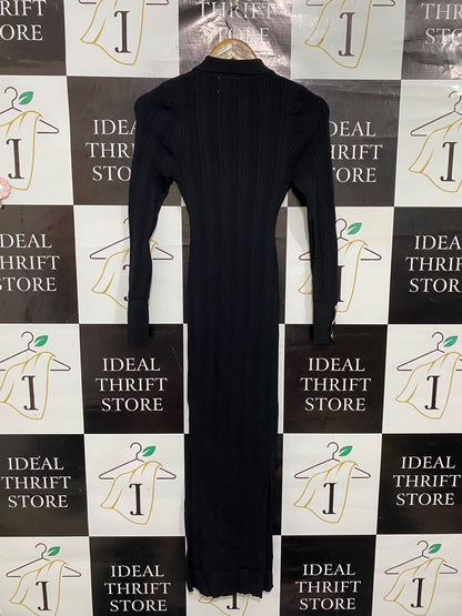 SHEIKE |XS | BUST 12  | A73 |  BLACK RIBBED POLO COLLAR BUTTON-UP LONG-SLEEVE MIDI DRESS