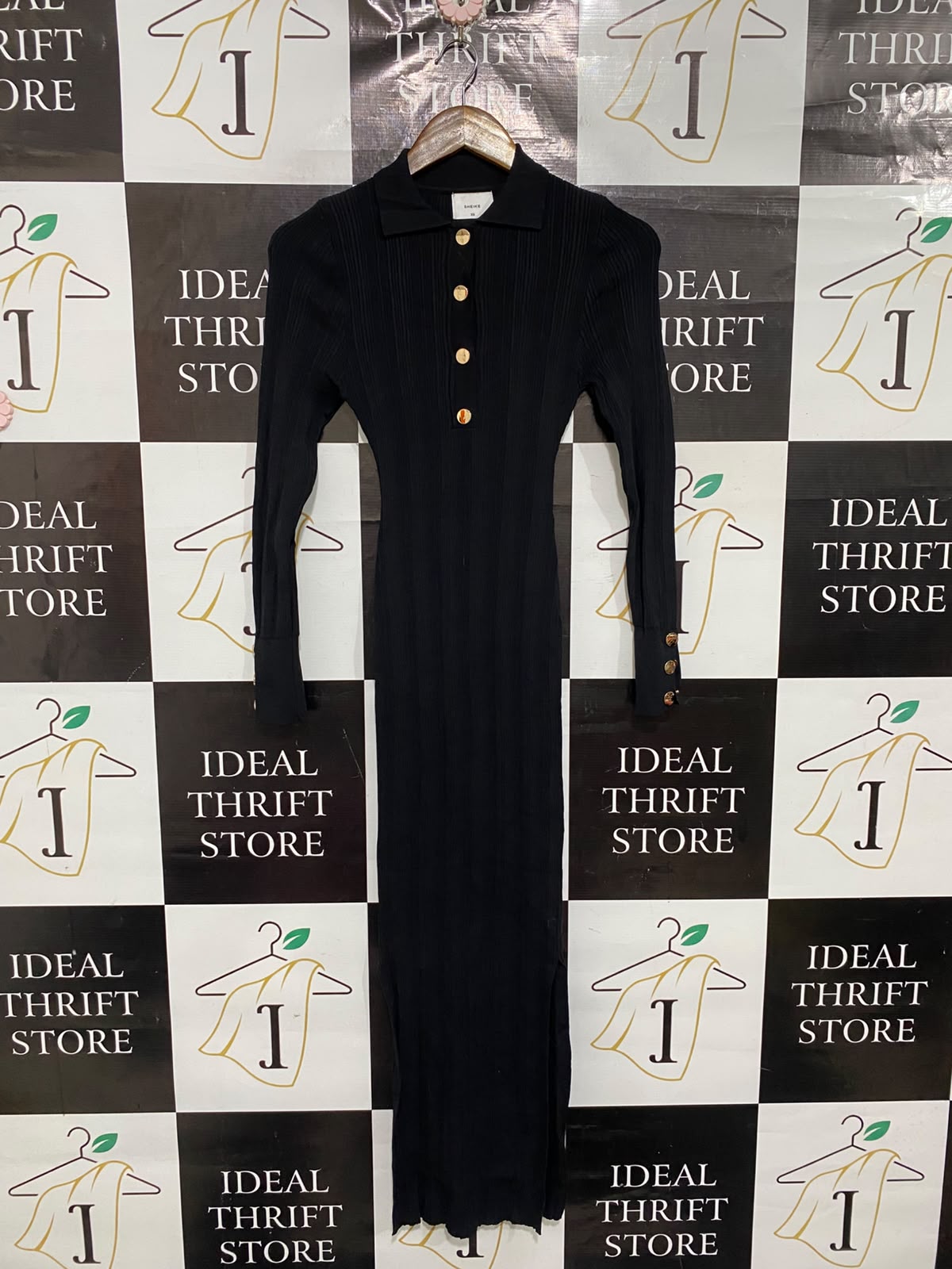 SHEIKE |XS | BUST 12  | A73 |  BLACK RIBBED POLO COLLAR BUTTON-UP LONG-SLEEVE MIDI DRESS