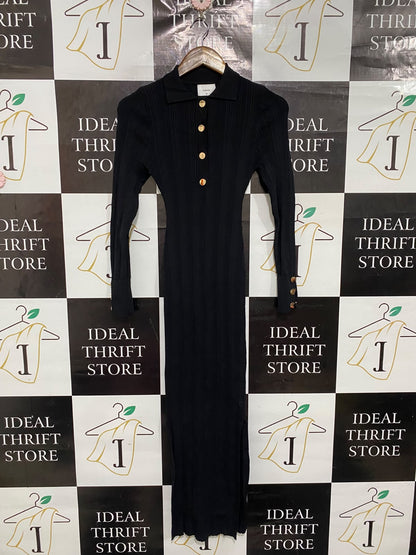 SHEIKE |XS | BUST 12  | A73 |  BLACK RIBBED POLO COLLAR BUTTON-UP LONG-SLEEVE MIDI DRESS