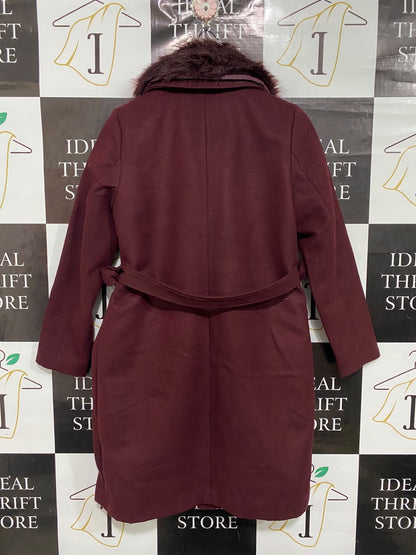 NEW LOOK |M | BUST 20 | A73 |  BURGUNDY FAUX FUR COLLAR BELTED WINTER COAT