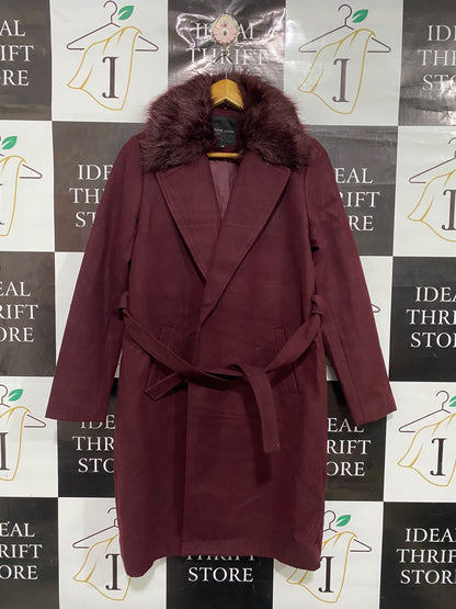 NEW LOOK |M | BUST 20 | A73 |  BURGUNDY FAUX FUR COLLAR BELTED WINTER COAT