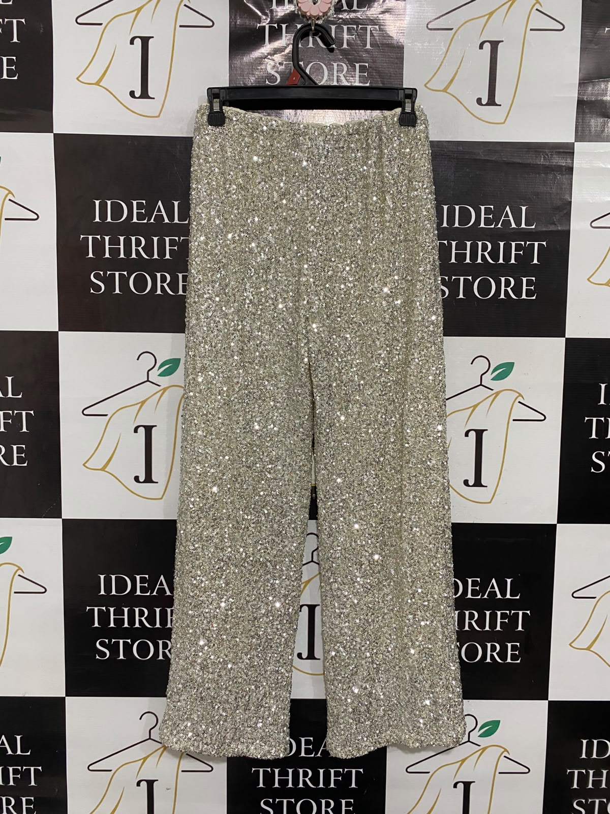 ZARA |XS | WAIST 26 | A73 |  SILVER SEQUIN SPARKLY WIDE-LEG TROUSERS