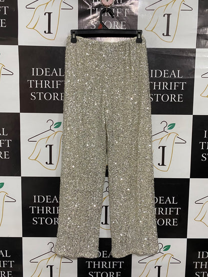 ZARA |XS | WAIST 26 | A73 |  SILVER SEQUIN SPARKLY WIDE-LEG TROUSERS