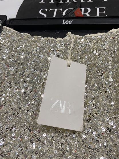 ZARA |XS | WAIST 26 | A73 |  SILVER SEQUIN SPARKLY WIDE-LEG TROUSERS