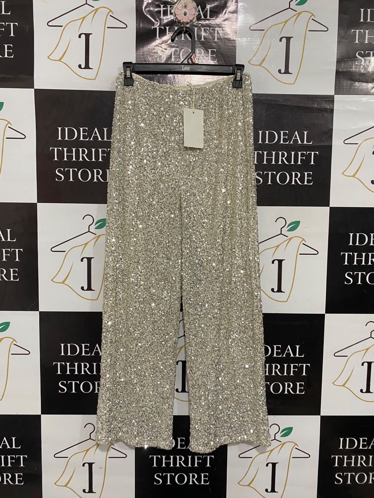 ZARA |XS | WAIST 26 | A73 |  SILVER SEQUIN SPARKLY WIDE-LEG TROUSERS