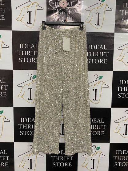 ZARA |XS | WAIST 26 | A73 |  SILVER SEQUIN SPARKLY WIDE-LEG TROUSERS