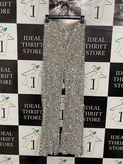 MESHKI  |S|  WAIST 26 | A73 |  SILVER SEQUIN SPARKLY WIDE-LEG TROUSERS