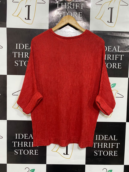 ANKO |S | BUST 21 | A73 |  RED TEXTURED KNIT CUFFED HALF-SLEEVE SWEATER TOP