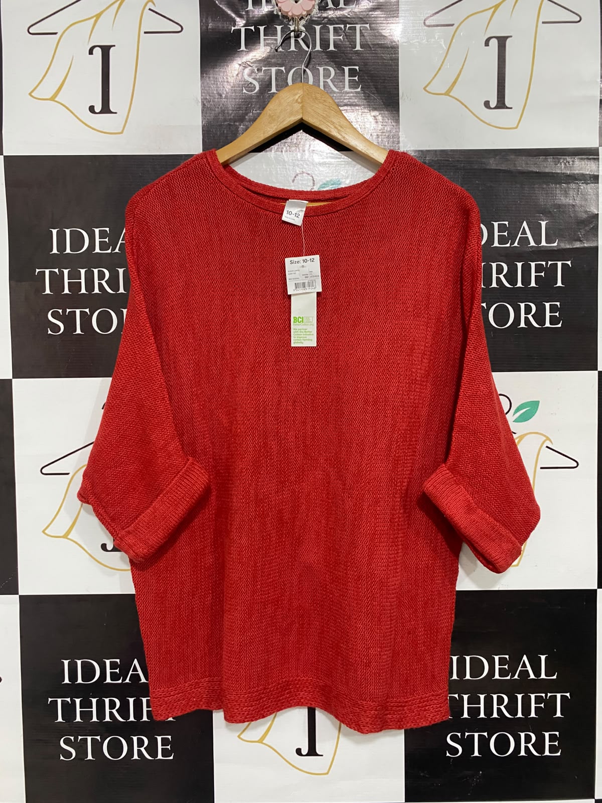 ANKO |S | BUST 21 | A73 |  RED TEXTURED KNIT CUFFED HALF-SLEEVE SWEATER TOP