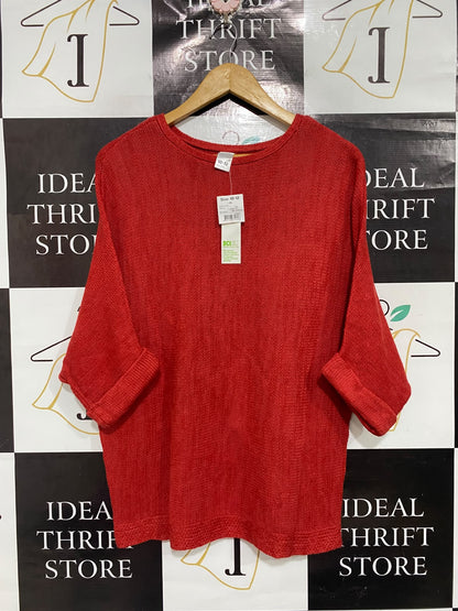 ANKO |S | BUST 21 | A73 |  RED TEXTURED KNIT CUFFED HALF-SLEEVE SWEATER TOP