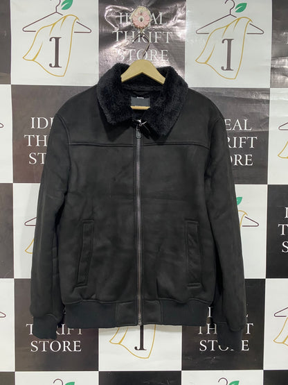 BERSHKA |M | BUST 23 | A73 |  BLACK FAUX SUEDE SHEARLING FUR COLLAR BOMBER JACKET