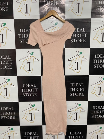 WINNIE & CO |XS/S | BUST 11 | A73 |  BLUSH PINK ASYMMETRIC NECKLINE RIBBED KNIT MIDI DRESS