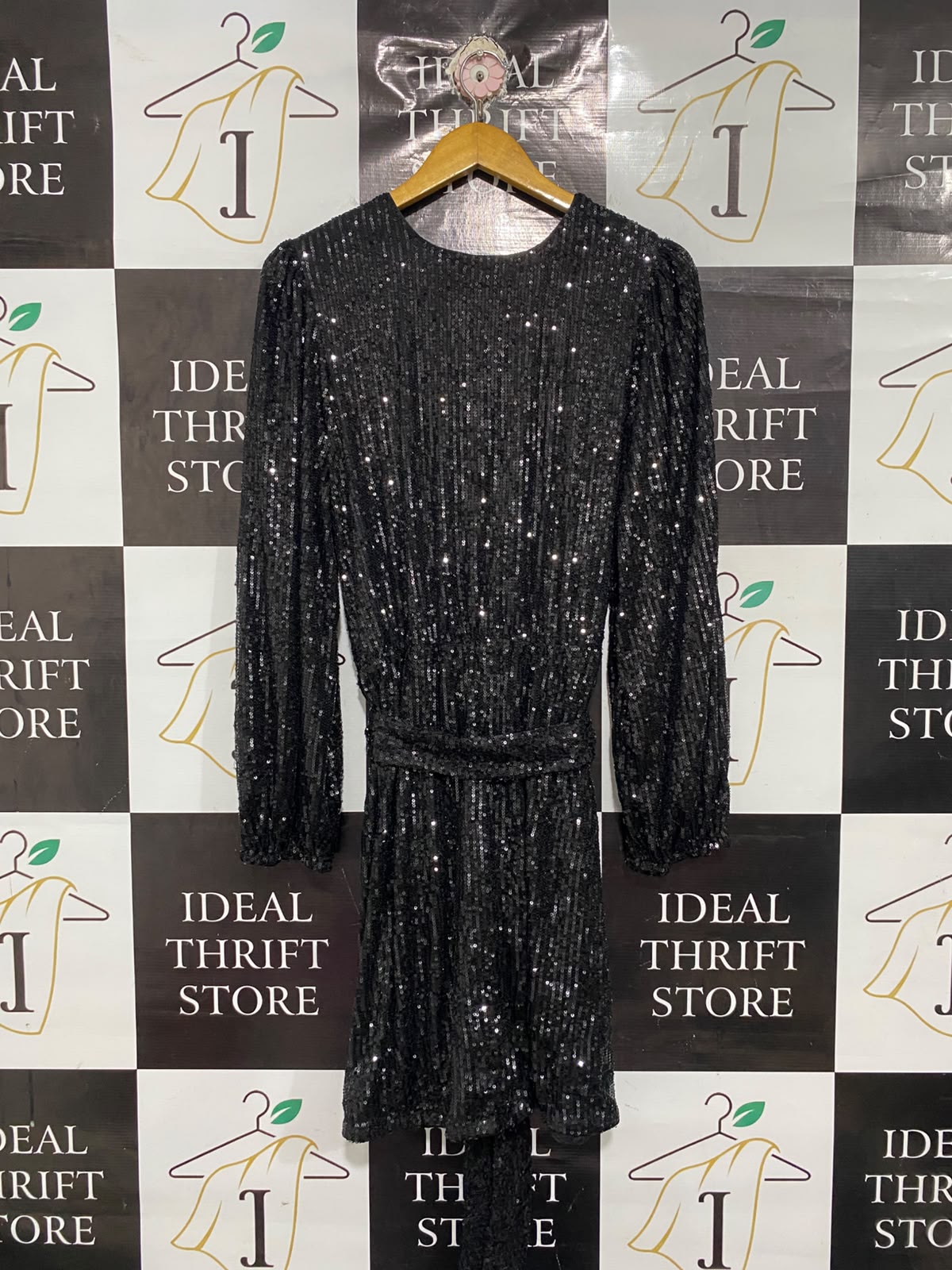 DECJUBA |L | BUST 18 | A73 |  BLACK SEQUIN SPARKLY WRAP BELTED PARTY DRESS