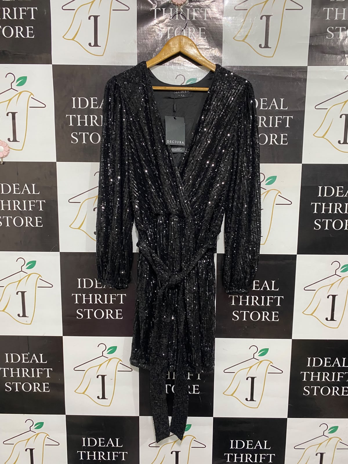 DECJUBA |L | BUST 18 | A73 |  BLACK SEQUIN SPARKLY WRAP BELTED PARTY DRESS